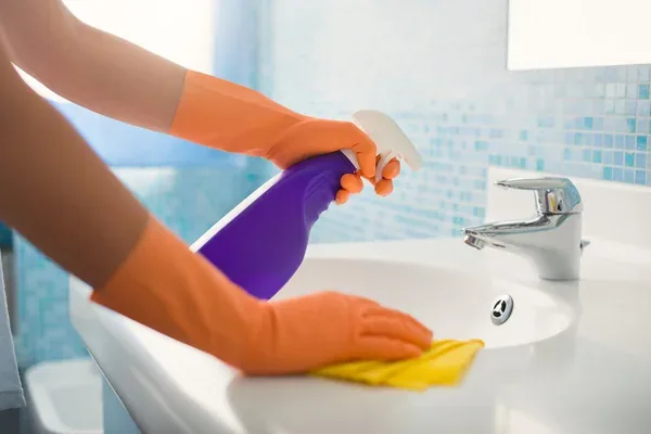 Limpieza de baño con pulverizador y bayeta